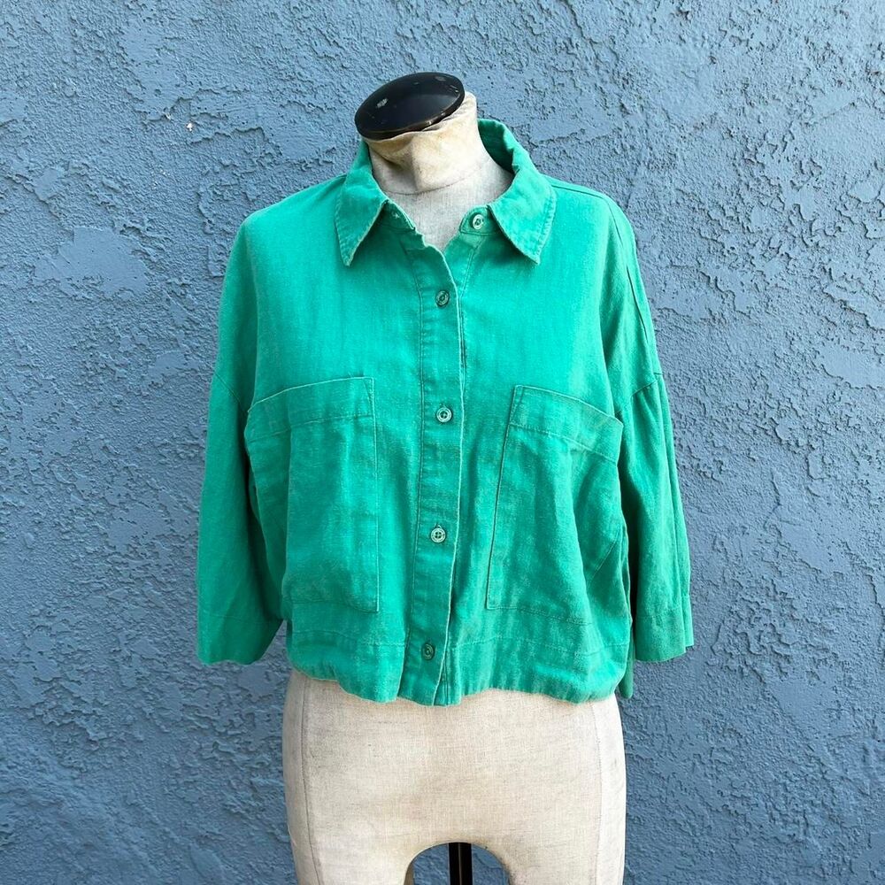 Green Linen Button Down Cropped Large